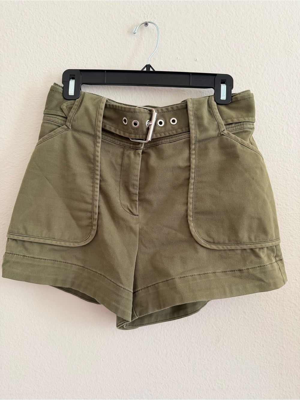 10 Crosby Derek Lam Olive Green High-Waist Utility Shorts with Belt, Size 2